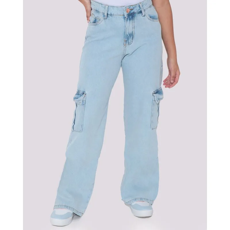 Calça Jeans Juvenil Wide Leg Bolso Cargo Azul Claro 16