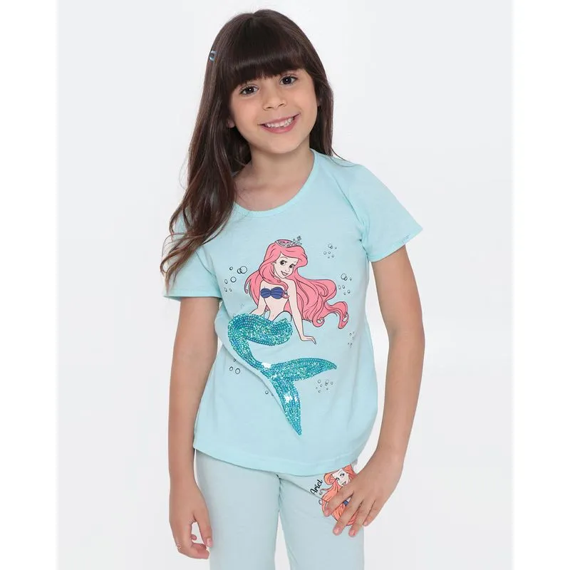 Blusa Infantil Estampa Paetê Ariel Disney Verde Claro 8