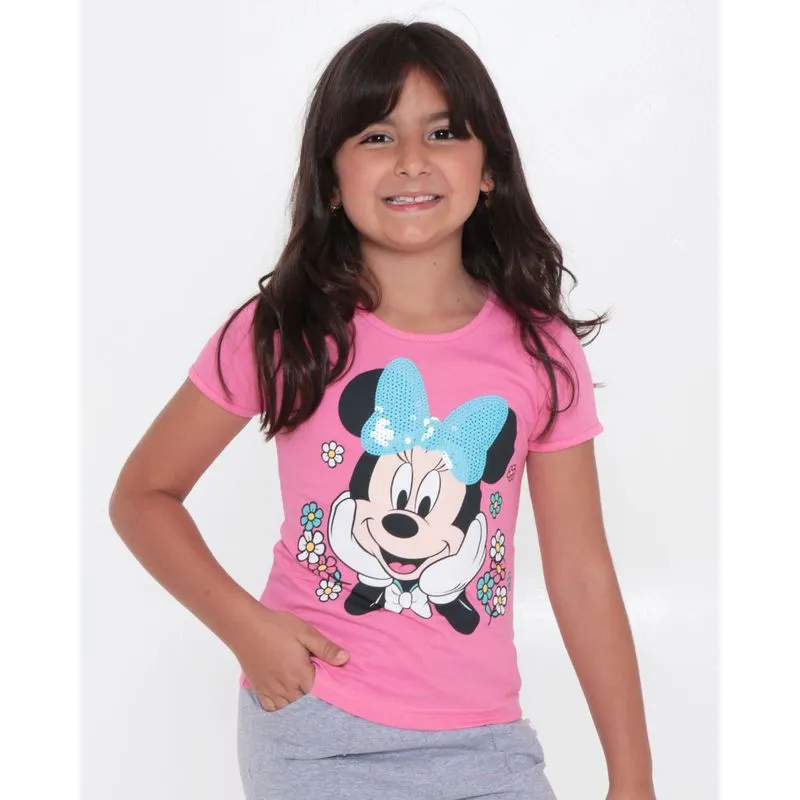 Camiseta Infantil Paetê Minnie Mouse Disney Rosa 10