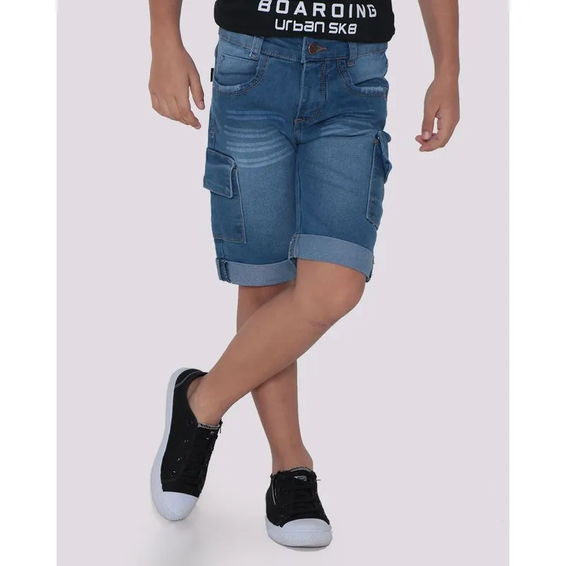 Bermuda Jeans Infantil Bolso Cargo Azul Médio 6