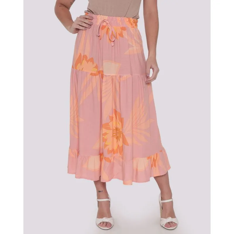 Saia Midi Feminina Babado Viscose Floral Rosa M
