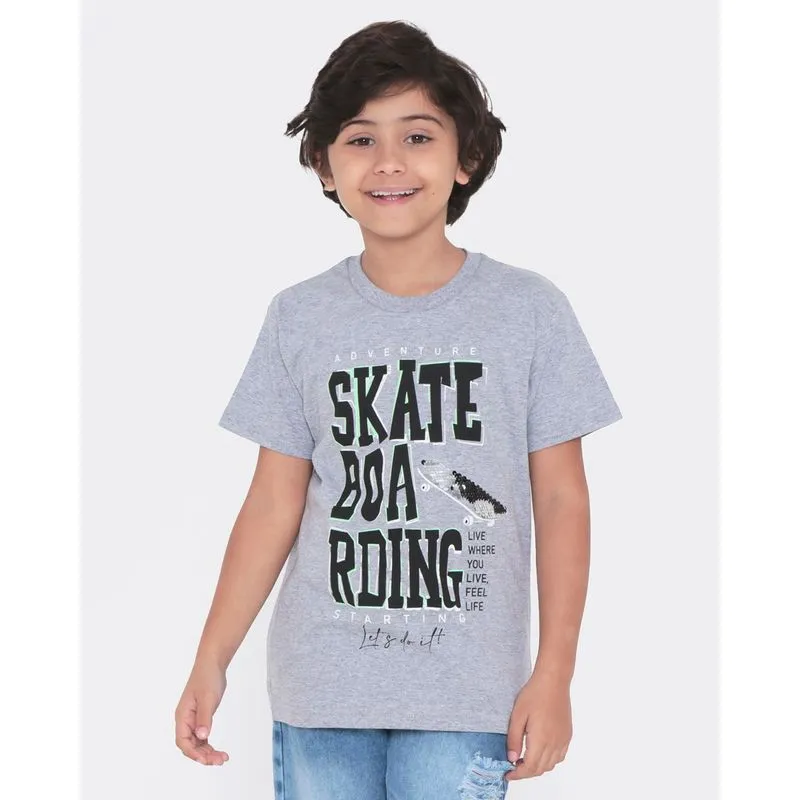 Camiseta Infantil Estampa Skate Paetê Cinza Claro 8