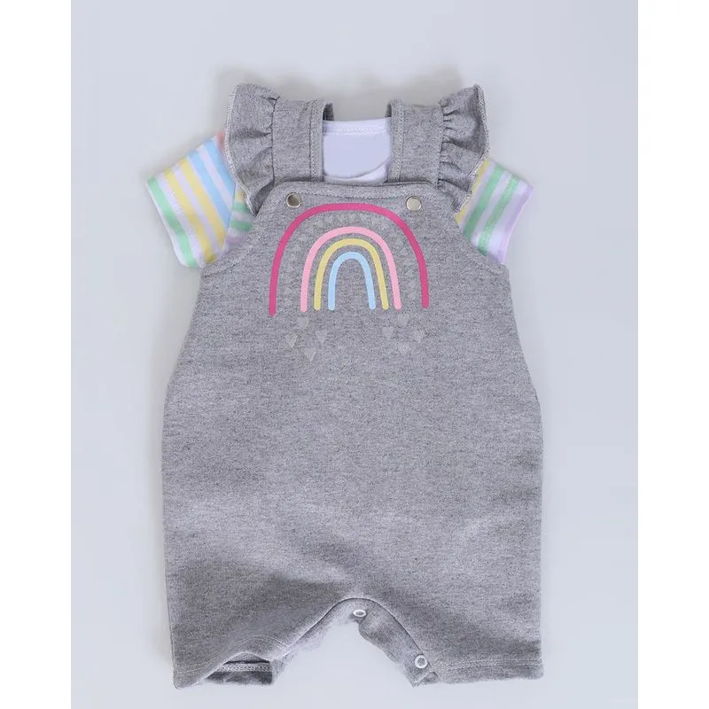 Conjunto Jardineira Bebê Moletinho Arco-Íris Cinza M
