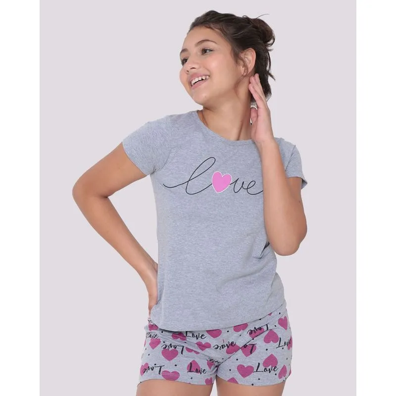 Pijama Juvenil Curto Corações Cinza 12