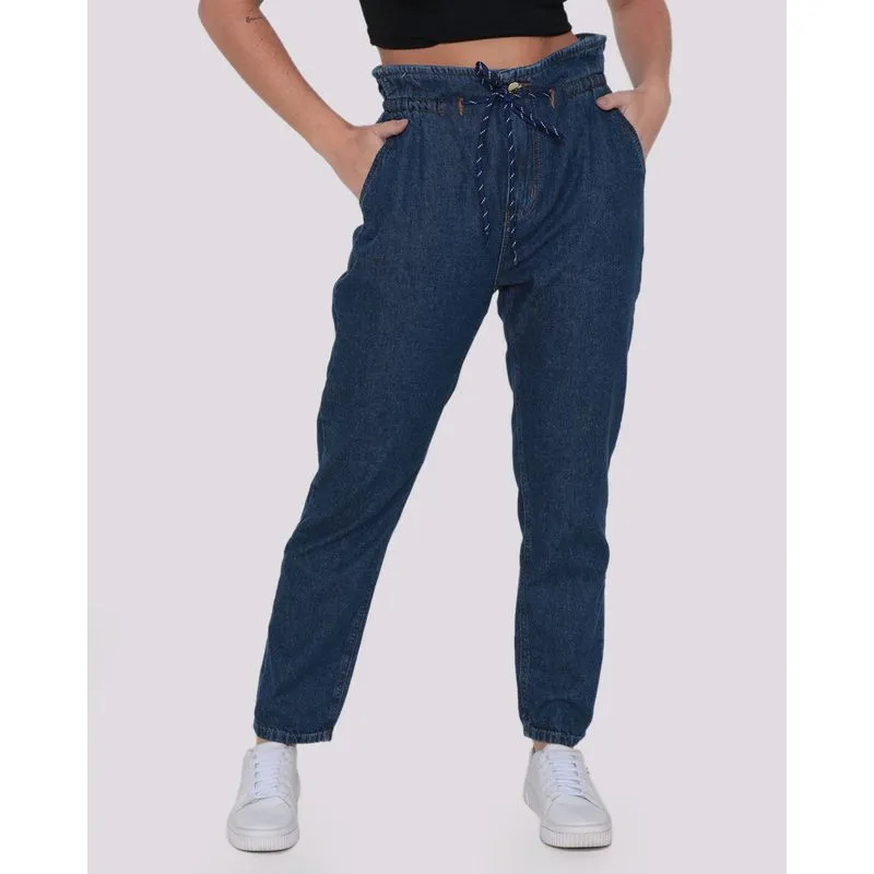 Calça Mom Jeans Feminina Cordão Azul Médio 40