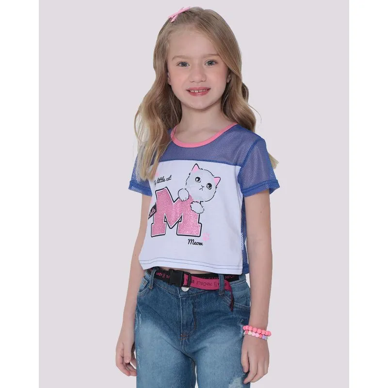 Blusa Cropped Infantil Gatinho Malha Telada Azul 6