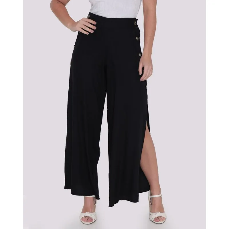 Calça Pantalona Feminina Viscose Botões Preto G