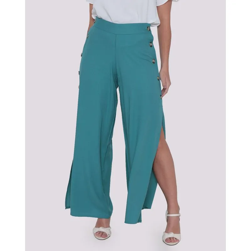 Calça Pantalona Feminina Viscose Botões Verde Claro GG
