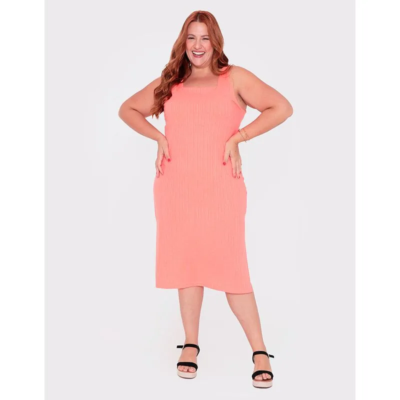 Vestido Plus Size Tubinho Canelado Laranja G1