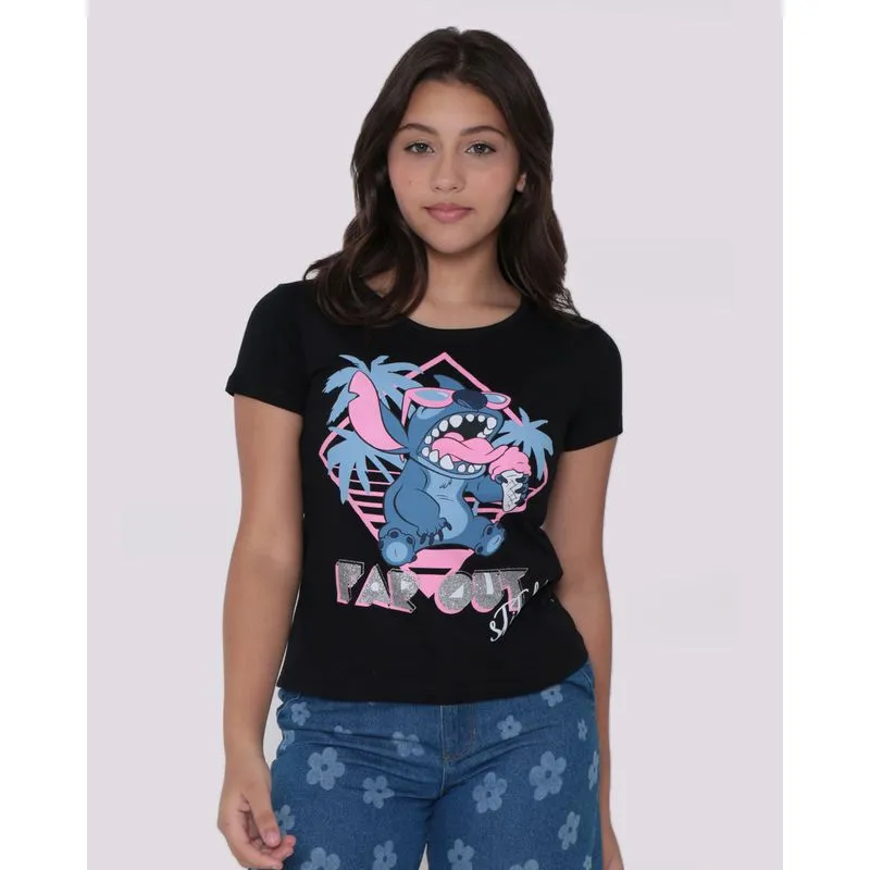 Camiseta Juvenil Algodão Disney Stitch Manga Curta Preta 12