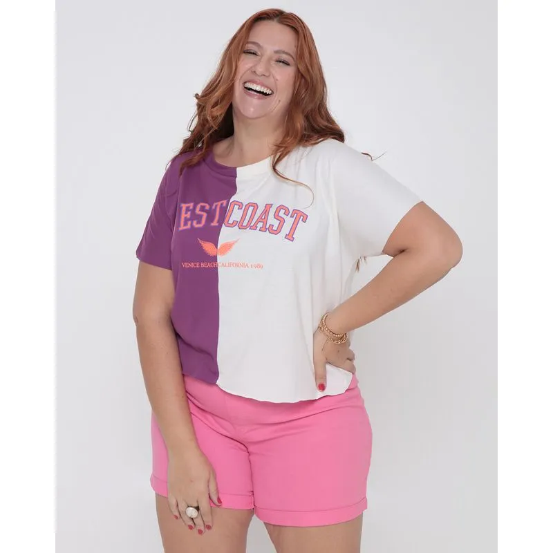 Blusa Plus Size Feminina Cropped Bicolor Roxa G1