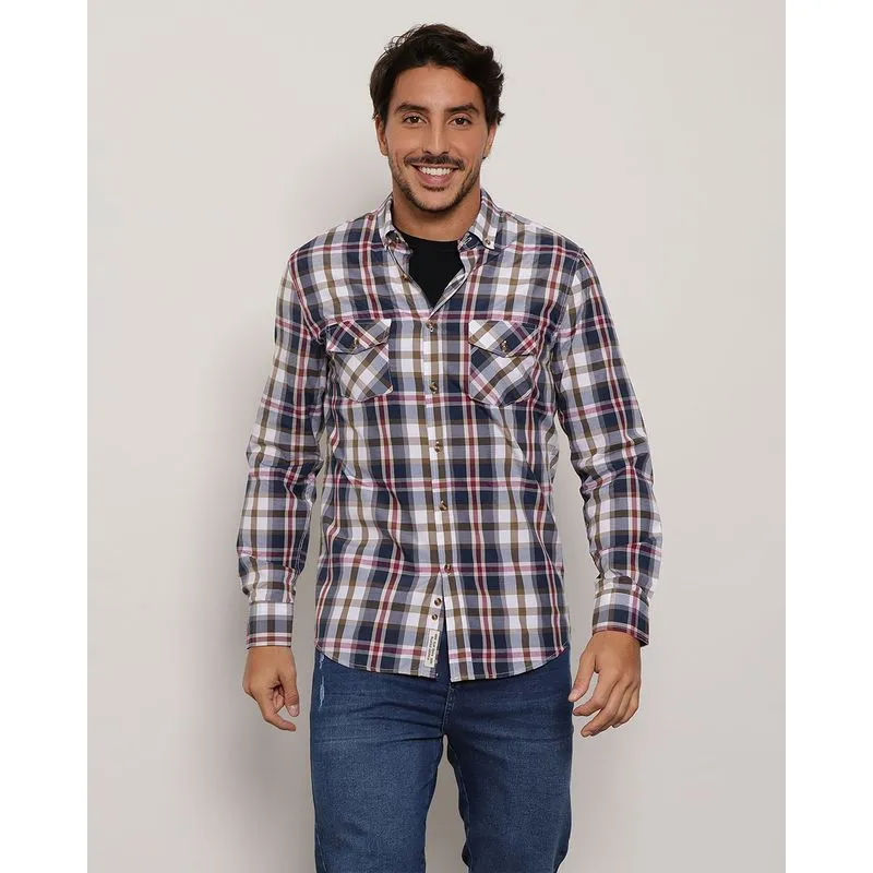 Camisa Masculina Manga Longa Xadrez Bege GG