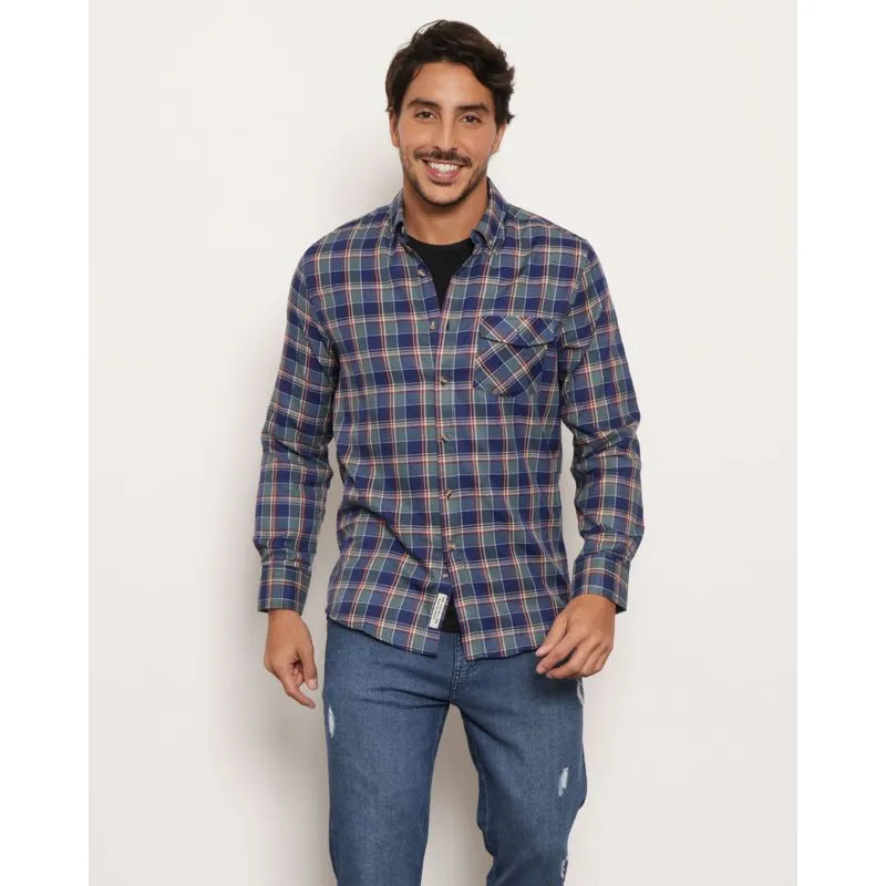Camisa Masculina Manga Longa Xadrez Azul GG