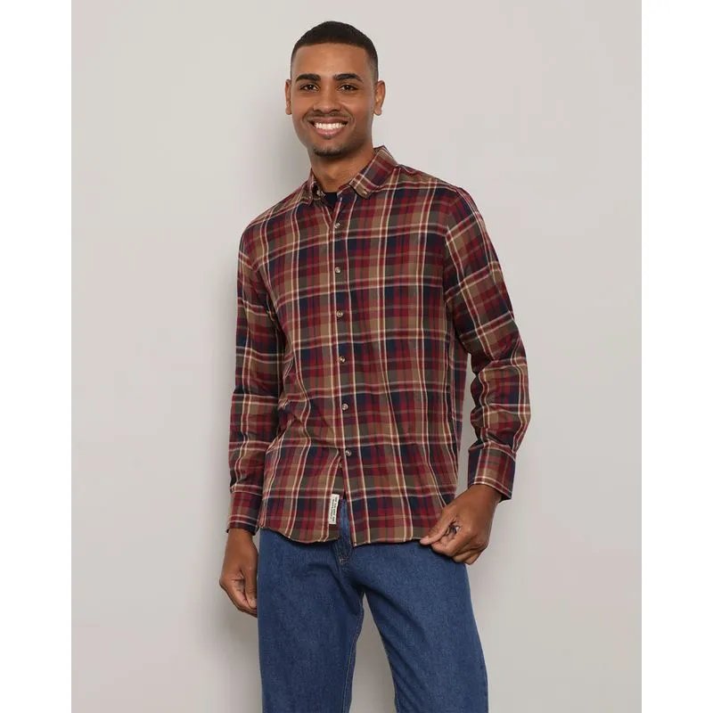 Camisa Masculina Gola Dobravel Manga Longa Xadrez Vermelha G
