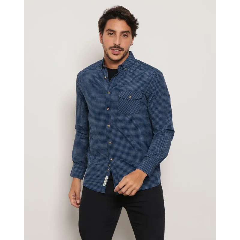 Camisa Masculina Manga Longa Xadrez Azul G