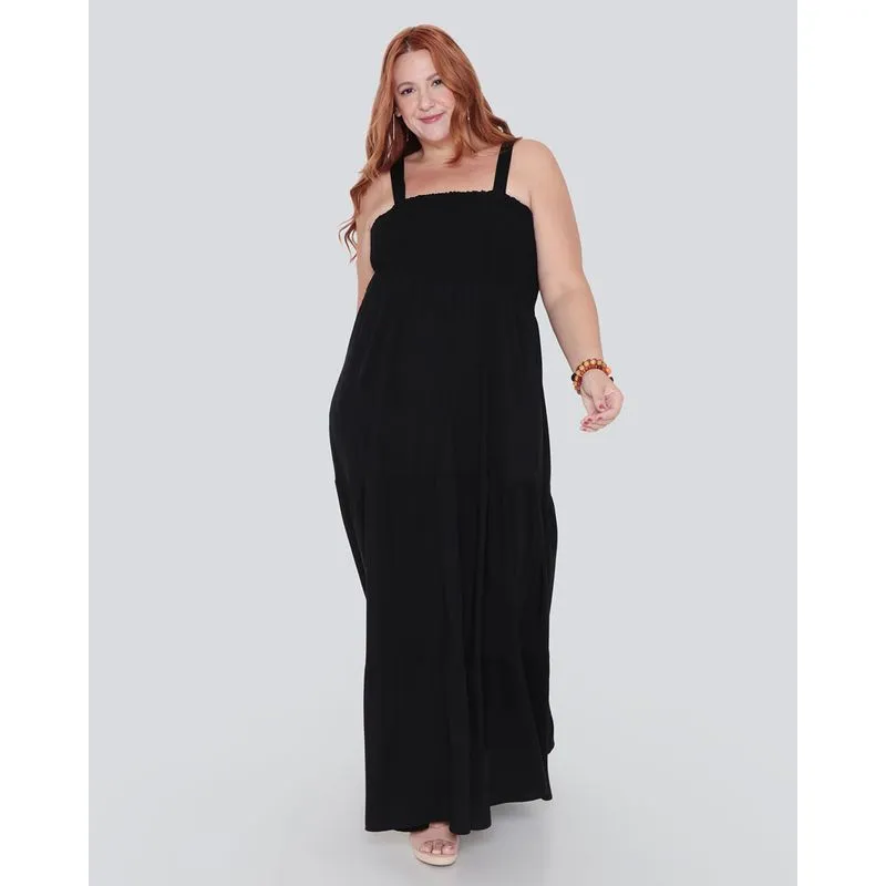 Vestido Feminino Plus Size Longo Lastex Preto G1
