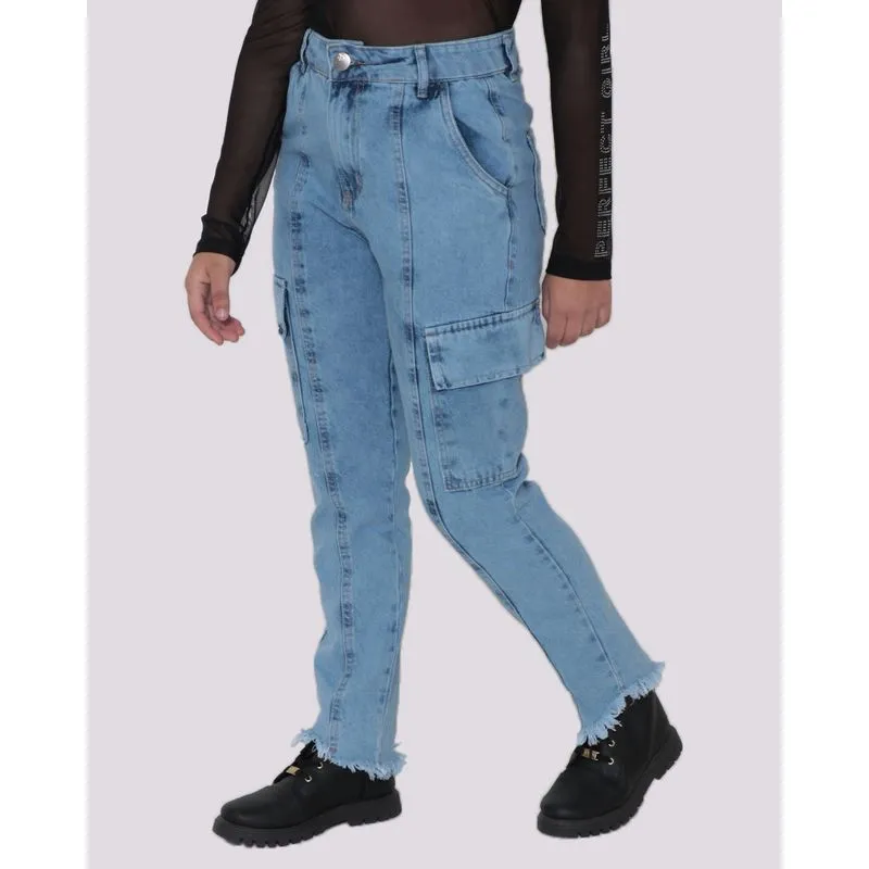 Calça Jeans Juvenil Bolso Cargo Azul Claro 16