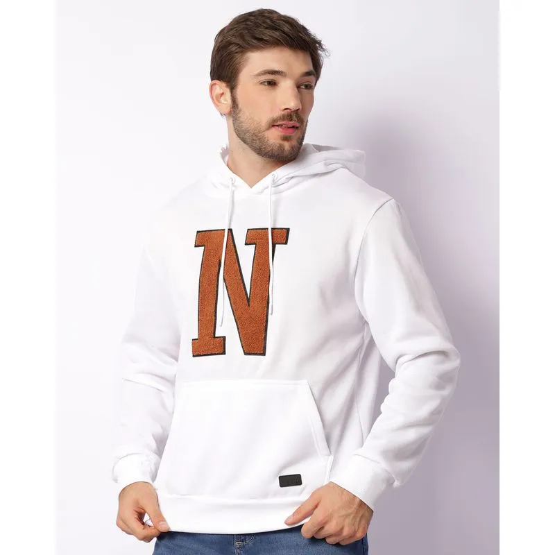 Blusão Moletom Masculino Peluciado Bolso Canguru Bordado Com Capuz Branco GG