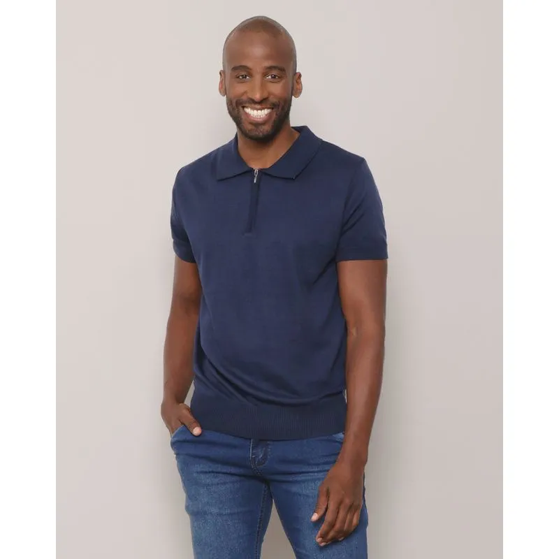 Polo Masculina Tricô Com Zíper Manga Curta Marinho G