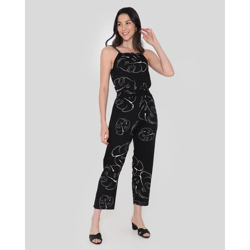 Macacão Feminino Midi Alcinha Folhagem Folhagem Preto M