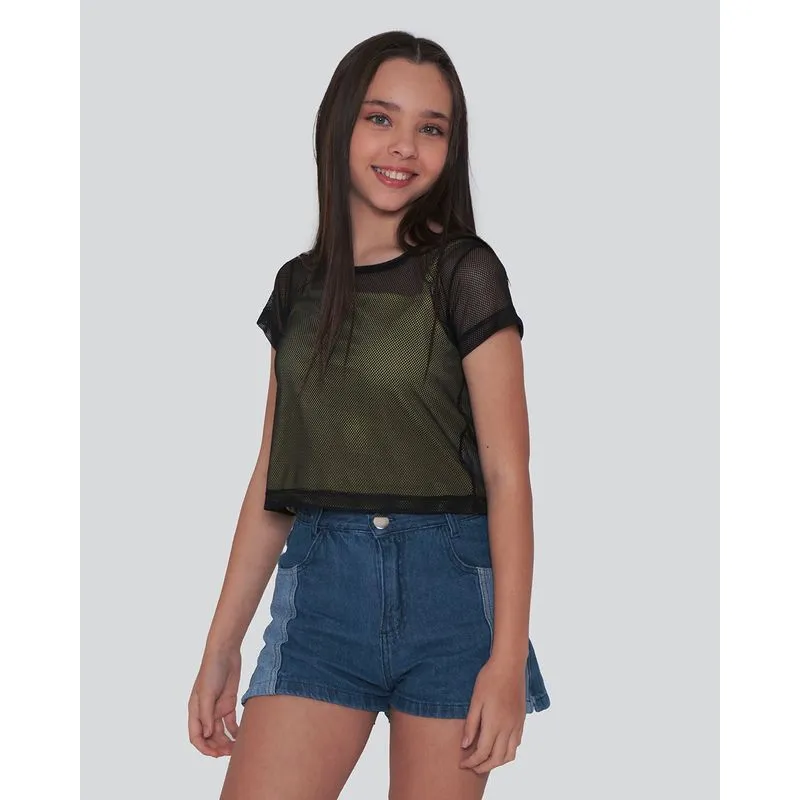 Blusa Juvenil Sobreposição Telada Preta 16