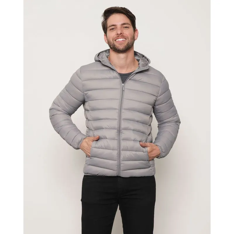 Jaqueta Masculina Puffer Com Capuz Cinza GG