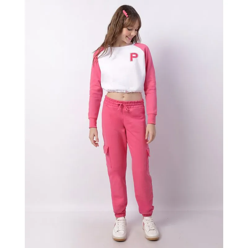 Calça Moletom Juvenil Jogger Bolso Cargo Rosa Escuro 10