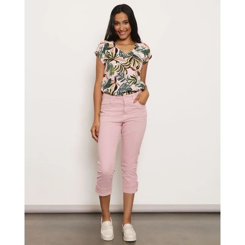 Calça Sarja Feminina Cropped Botão Rosa Claro 40