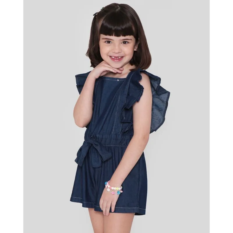 Macaquinho Jeans Infantil Babado Azul Escuro 6