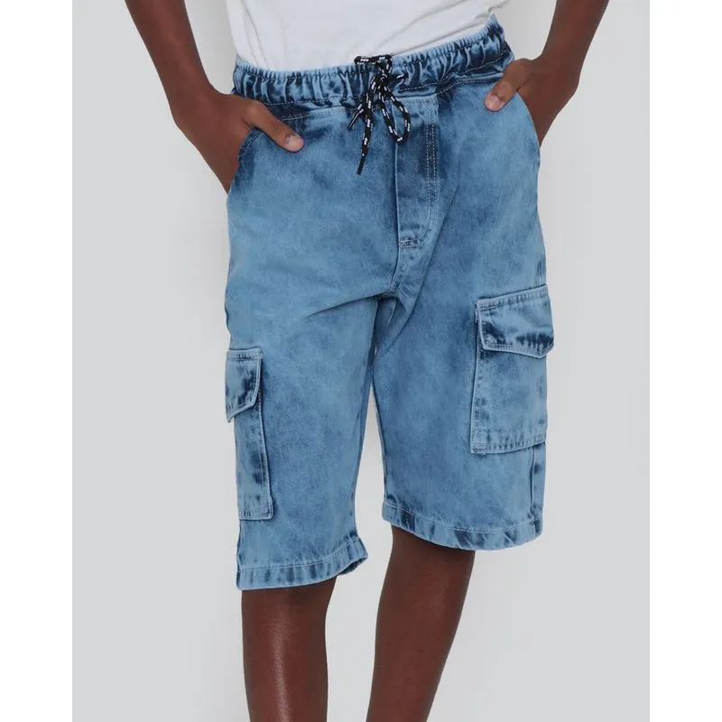 Bermuda Jeans Juvenil Estonado Bolso Cargo Azul 10