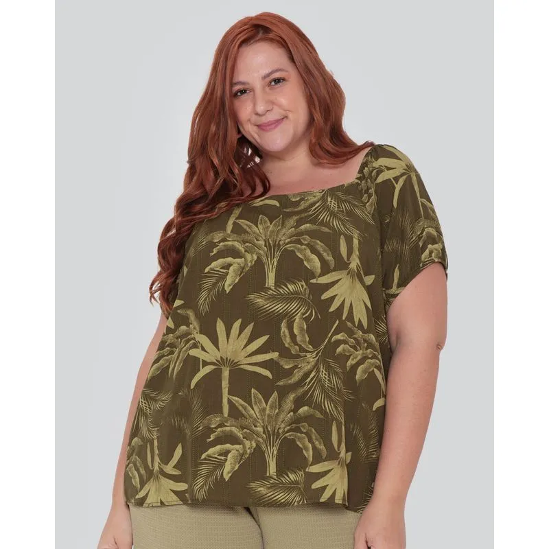 Blusa Feminina Plus Size Estampa Folhagem Verde G2