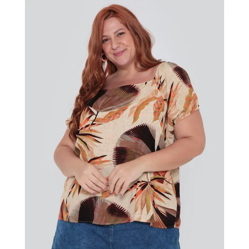 Blusa Feminina Plus Size Estampa Folhagem Bege G3