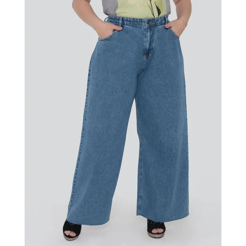 Calça Jeans Plus Size Feminina Pantalona Azul Claro 52