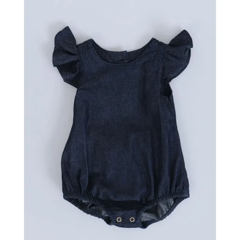 Body Jeans Bebê Manga Babado Azul Escuro P