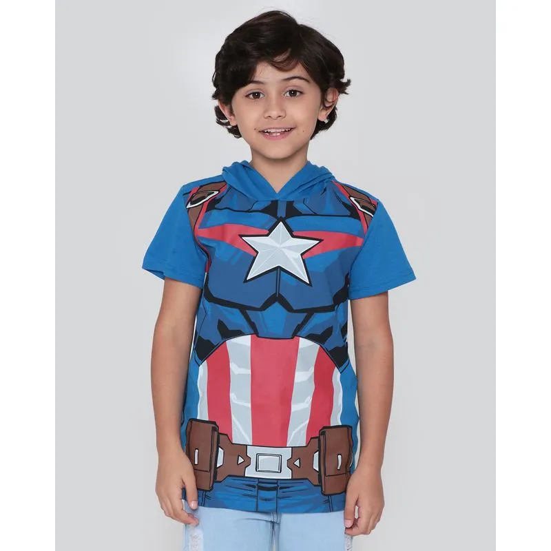 Camiseta Infantil Capuz Mascara Capitão América Marvel Azul 10