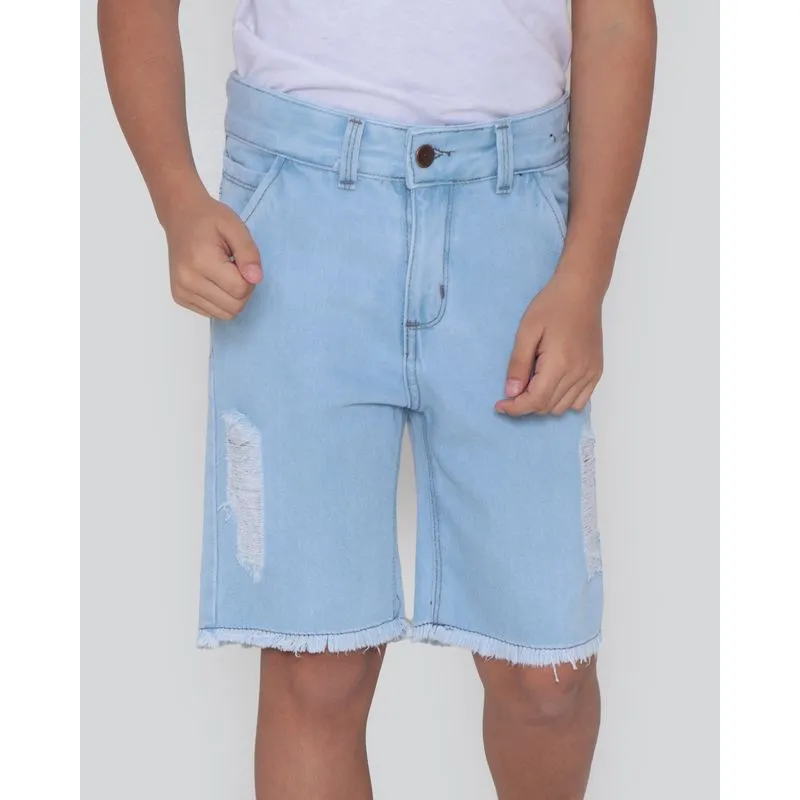 Bermuda Jeans Infantil Destroyed Barra Desfiada Azul Claro 8