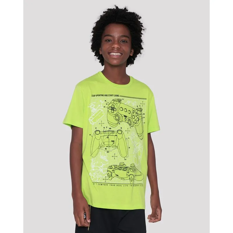Camiseta Juvenil Manga Curta Estampa Game Verde Claro 14