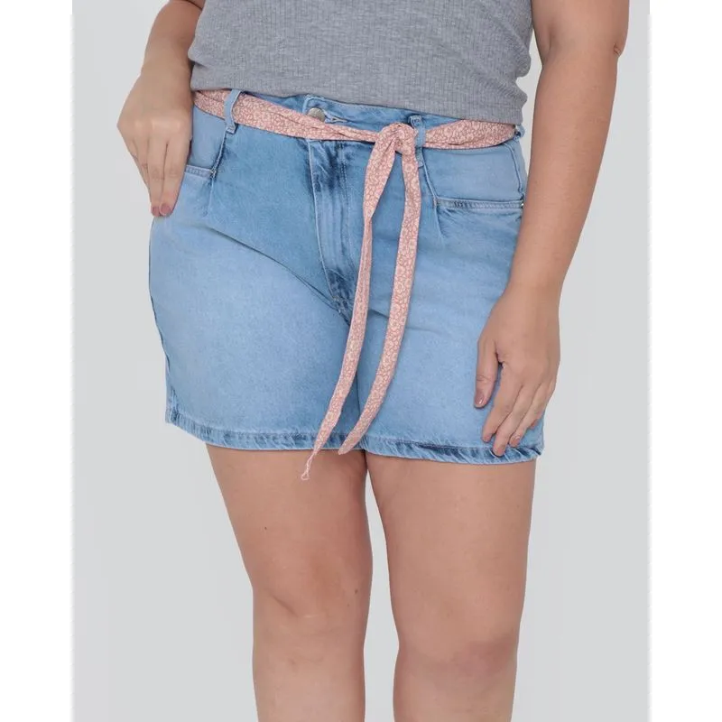 Short Jeans Plus Size Feminino Com Cinto Azul Claro 52