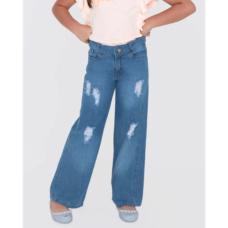 Calça Jeans Infantil Wide Leg Destroyed Azul Claro 4