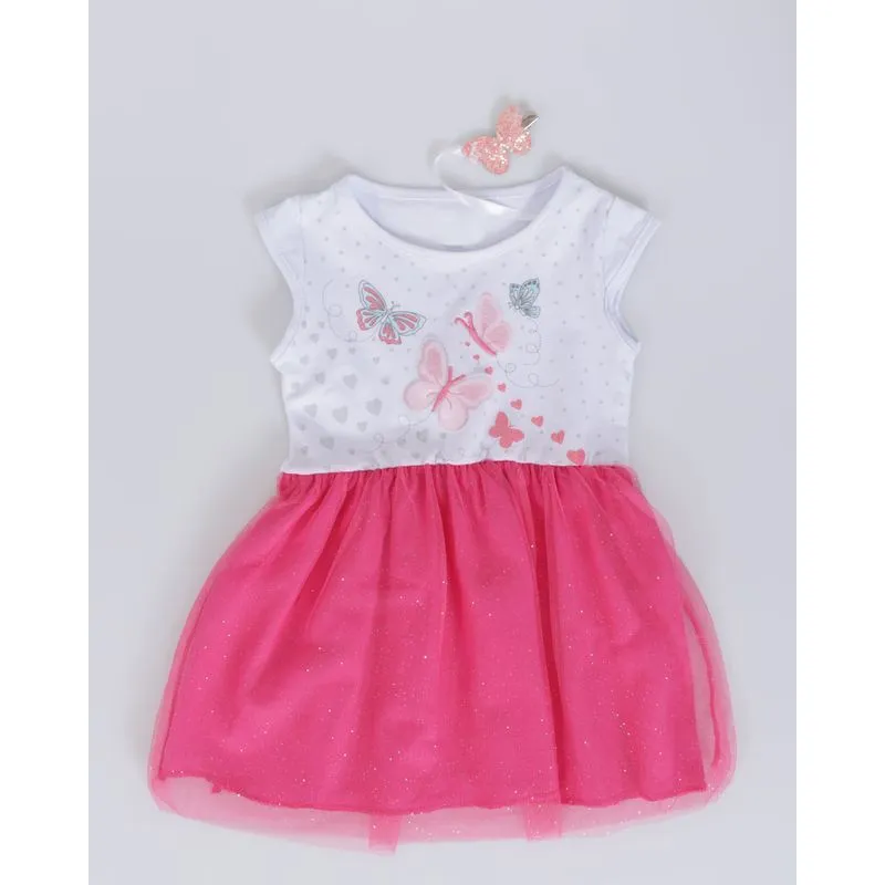 Vestido Bebê Tule Glitter Presilha Borboleta Branco 3