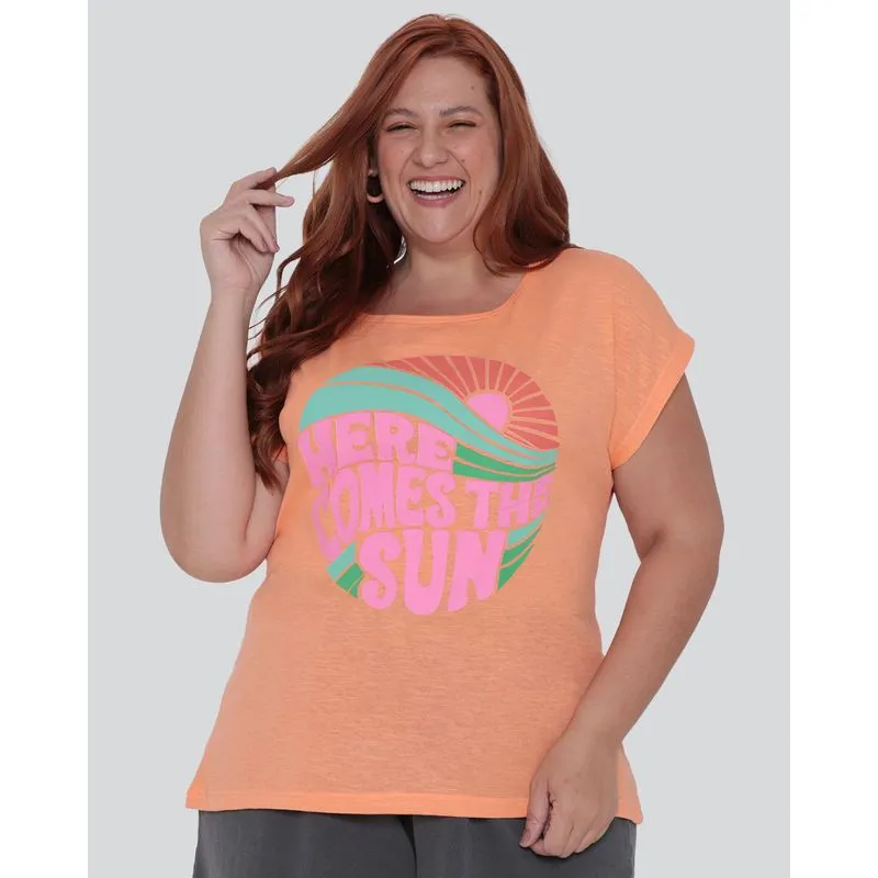 Blusa Feminina Plus Size Estampa Sol Laranja G3