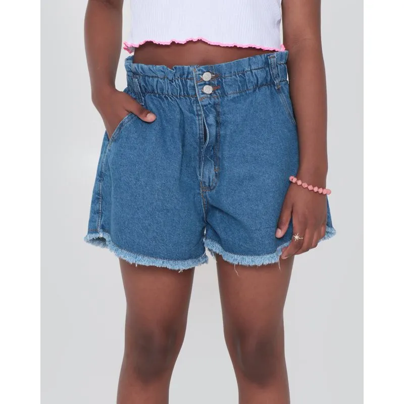 Short Jeans Juvenil Evasê Barra Desfiada Azul Médio 14