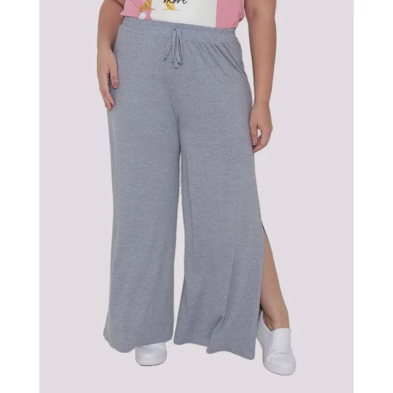 Calça Feminina Plus Size Pantalona Fenda Cinza Claro G3