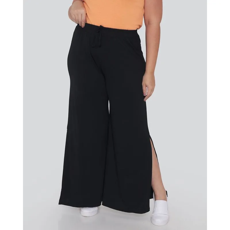 Calça Feminina Plus Size Pantalona Fenda Preta G2