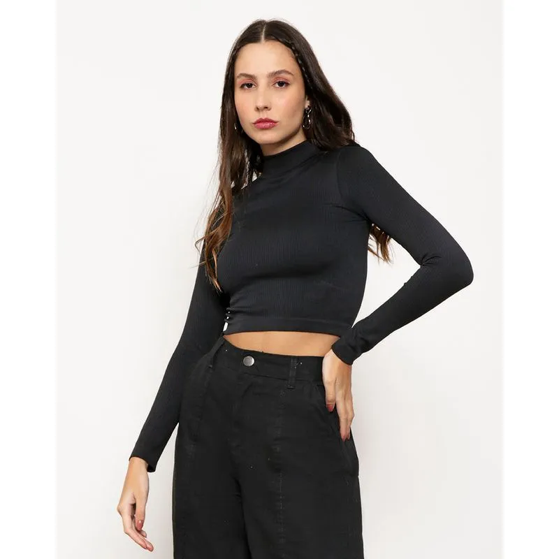 Blusa Feminina Cropped Manga Longa Sem Costura Preta M