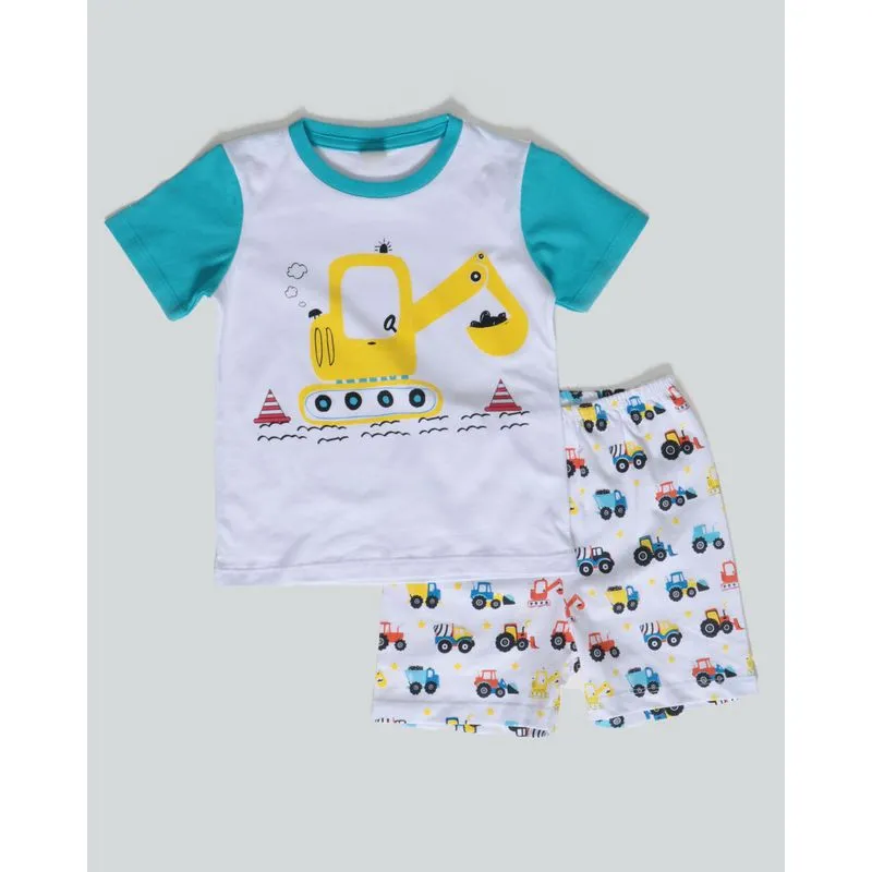 Pijama Bebê Curto Estampa Trator Branco 3