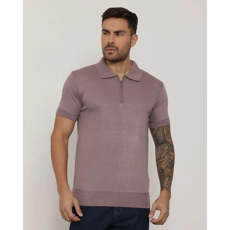 Polo Masculina Manga Curta Tricô Com Zíper Rosa G