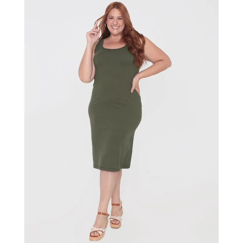 Vestido Plus Size Feminino Regata Canelado Verde Médio G3