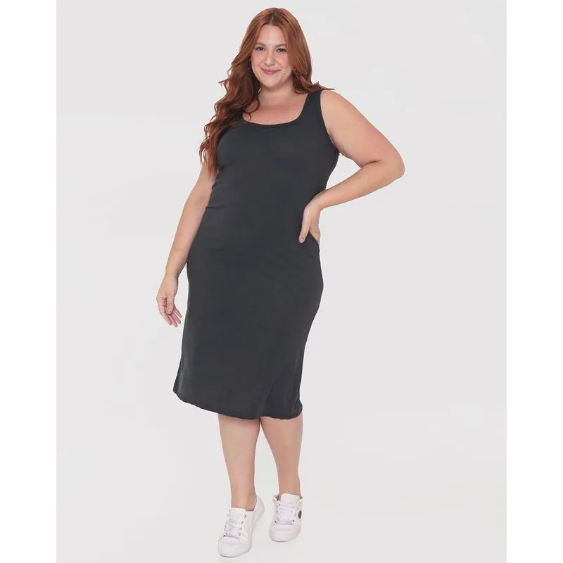 Vestido Plus Size Feminino Regata Canelado Preto G3