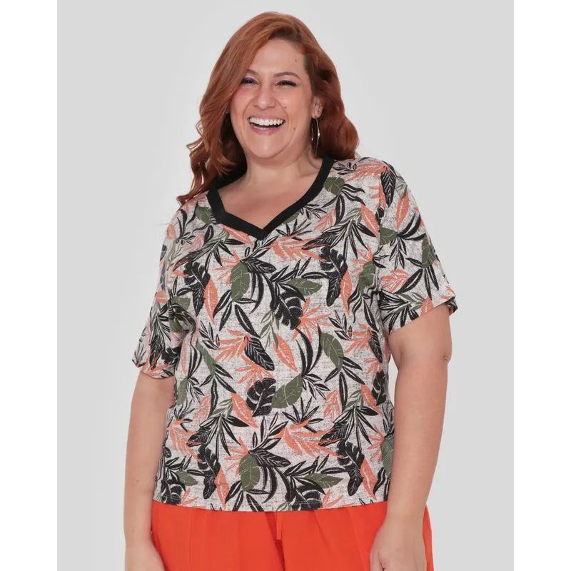 Blusa Feminina Plus Size Estampa Folhas Preta G1